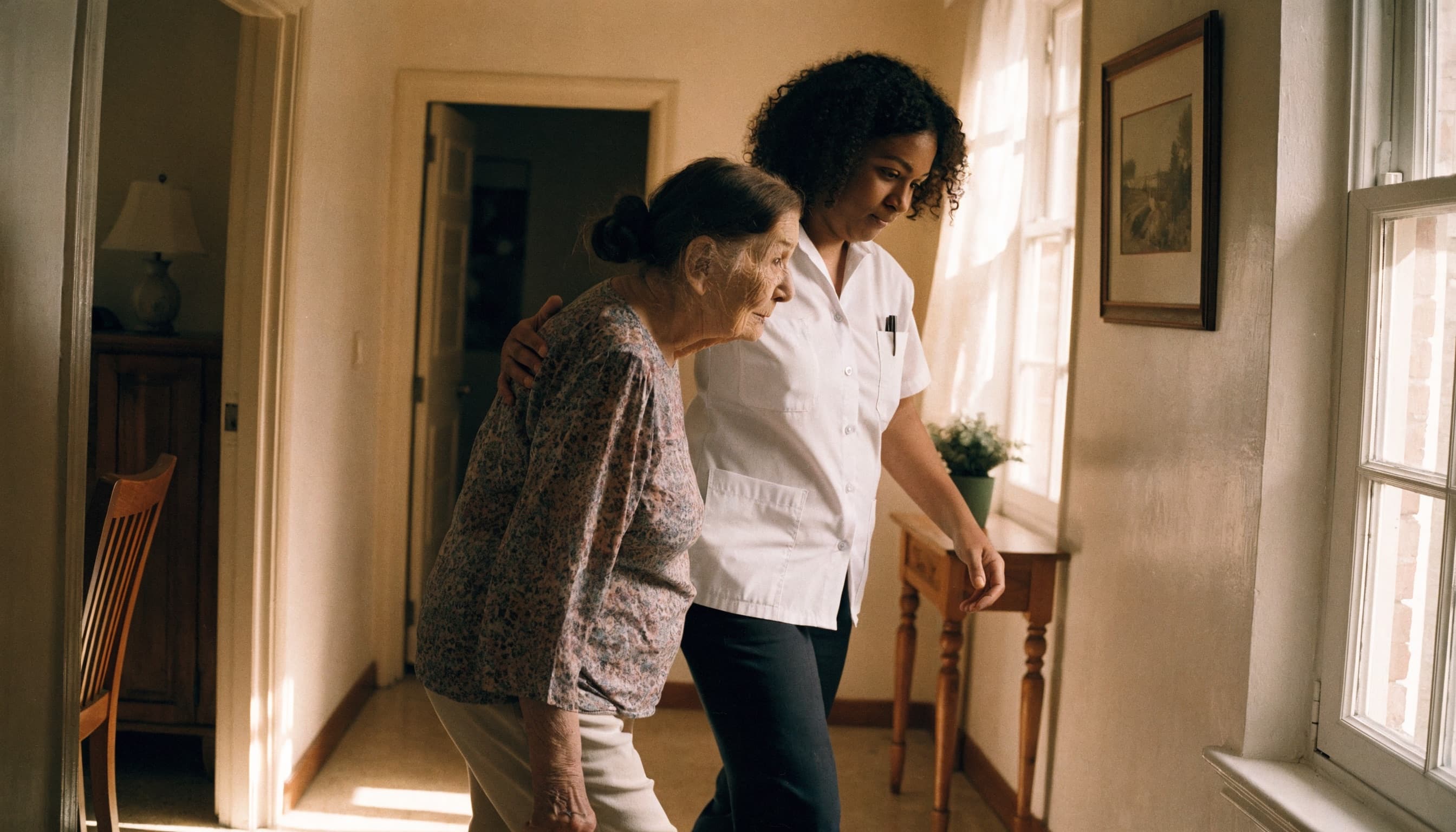 A support worker gently helping an elderly woman walk along a sunlit hallway at home
