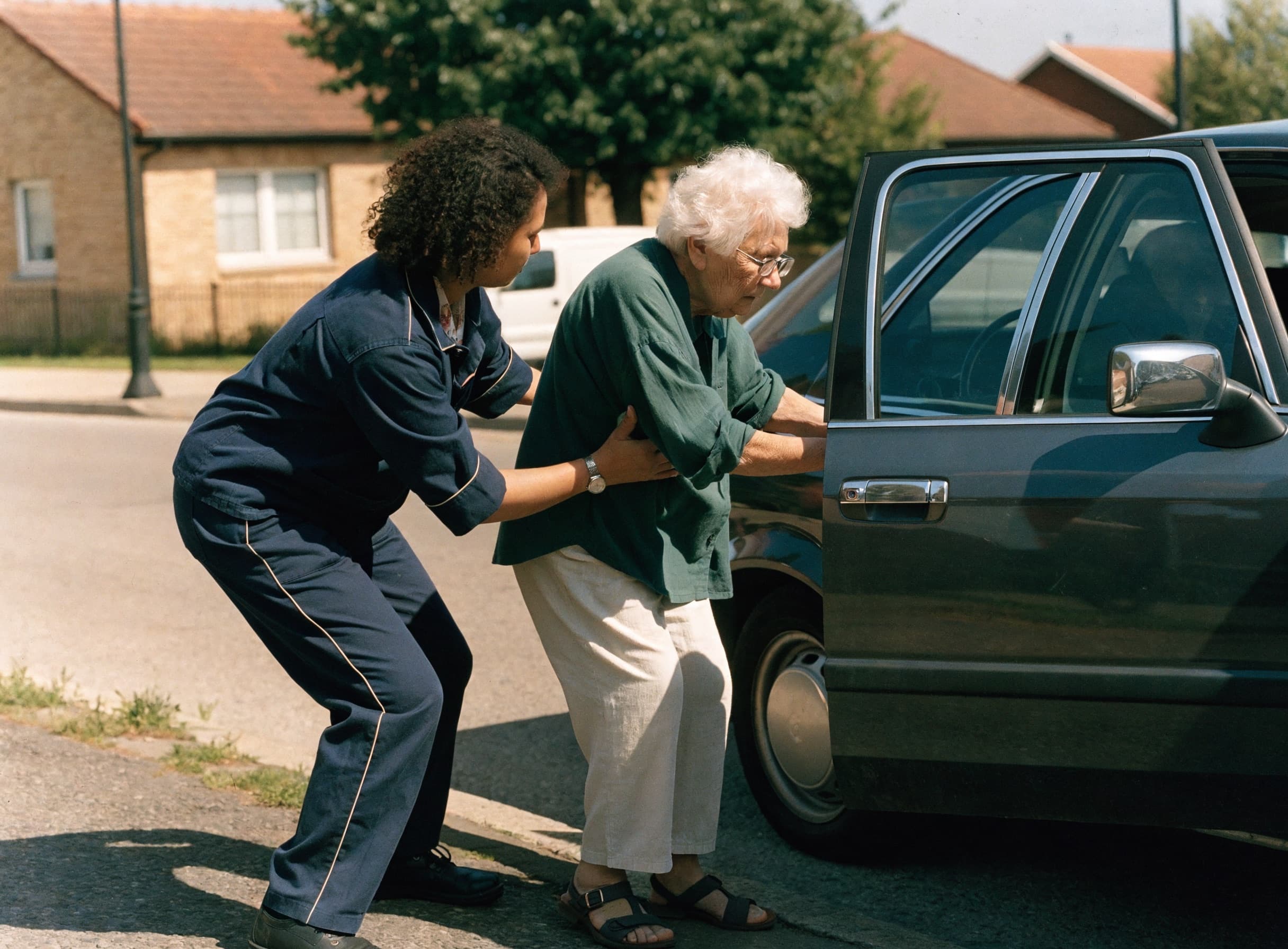 A support worker helping an elderly woman out of a car on a bright suburban street